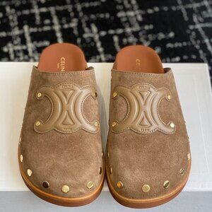 Celine Tan Suede Slippers